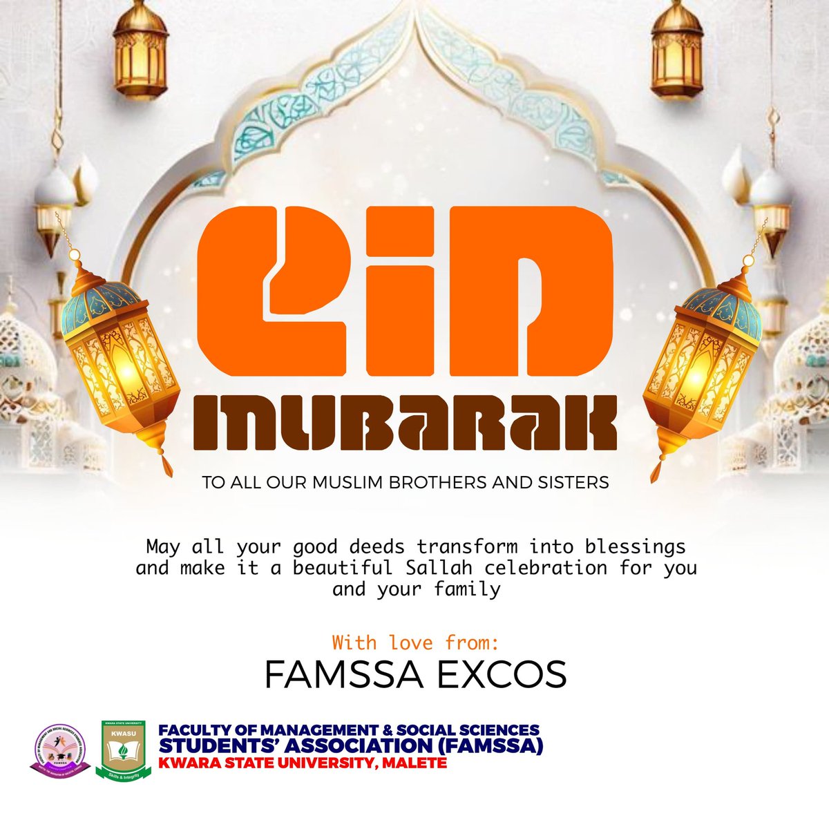 FmssMedia's tweet photo. Greatest FAMSSITES 
We felicitate our Muslim brothers on this day of their Eid-ul- Fitr.
You've put in 30 days of fast and have abstained from certain things.
We urge you to remain in your good deeds and they'd definitely transfer into blessings.
Eid Mubarak 
#FMSSKWASU https://t.co/AbtAR42DQP