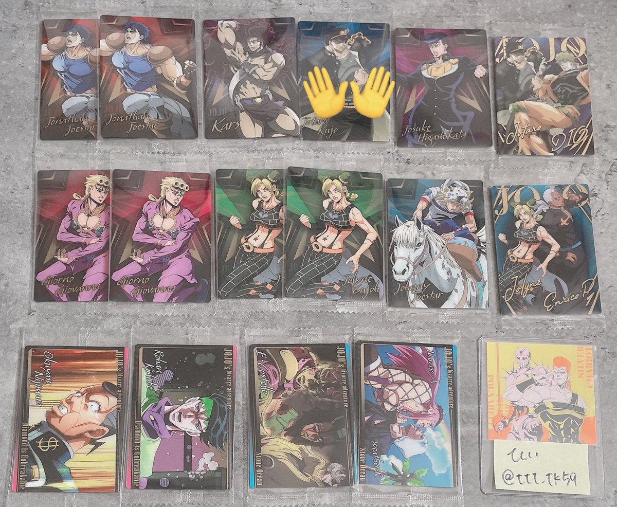 ttt_tk59's tweet photo. 【交換】ジョジョの奇妙な冒険 ジョジョ ウエハース

(譲)画像1参照
(求)同異種 シーザー ポルナレフ 画像2枚目

SPは最優先との交換。

郵送交換📮
難しいかと思いますが、お心あたりのある方はお声掛けください。 https://t.co/jE0y2rbymN