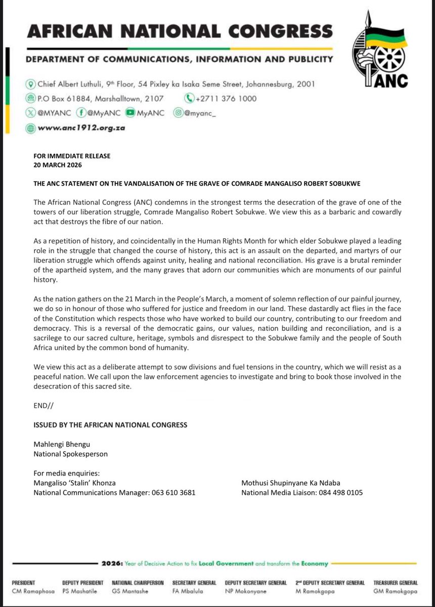 MYANC's tweet image. The African National Congress (ANC) condemns in the strongest terms the desecration of the grave of one of the towers of our liberation struggle, Comrade Mangaliso Robert Sobukwe. We view this as a barbaric and cowardly act that destroys the fibre of our nation.