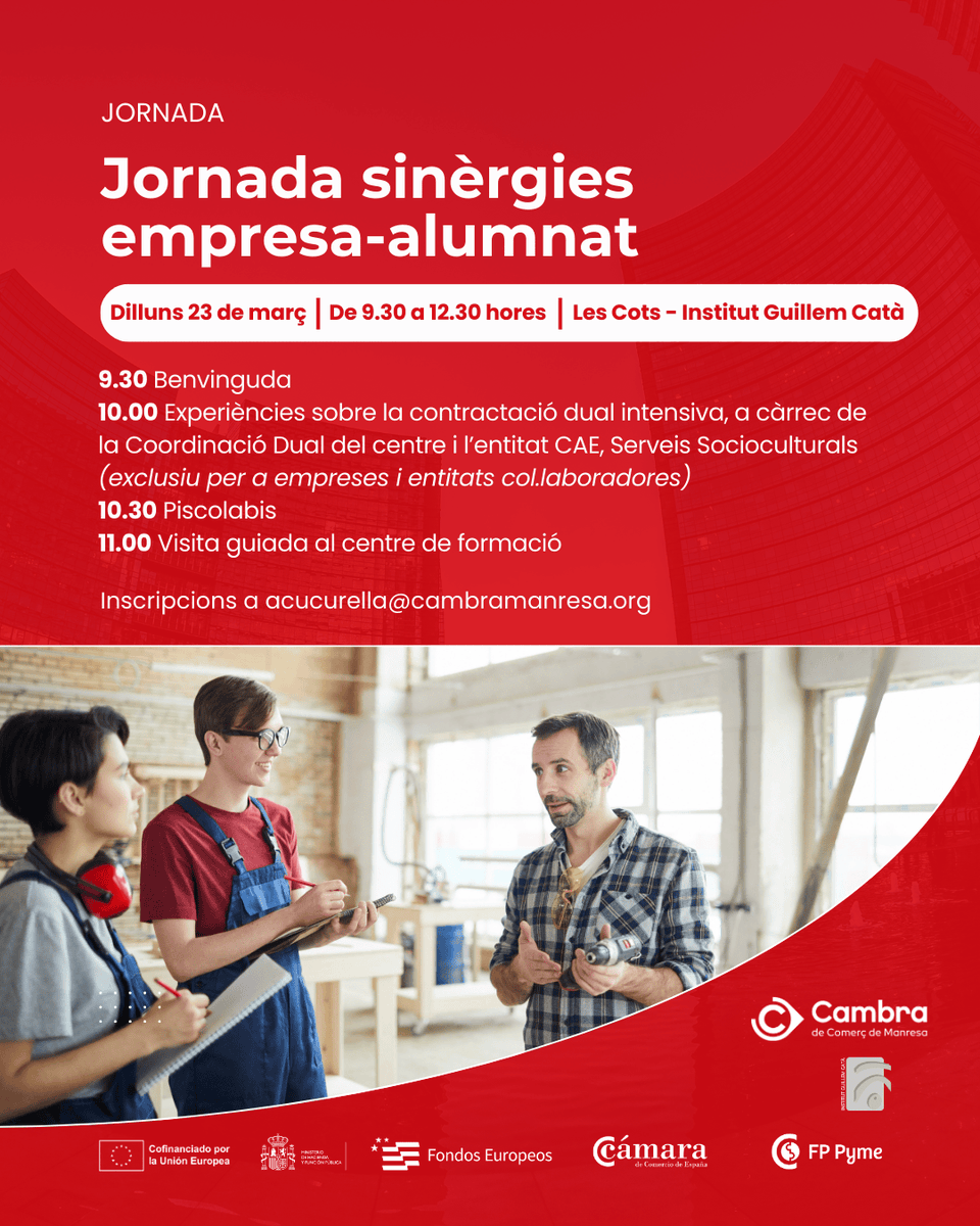 Cambramanresa's tweet photo. 🤝🎓Recordeu que el proper dilluns fem aquesta jornada a l'institut Guillem Catà per apropar el teixit empresarial al món educatiu i generar noves oportunitats de col·laboració.

🕤 De 9.30 a 12.30 h
📍 Les Cots – Institut Guillem Catà

📩 acucurella@cambramanresa.org https://t.co/yf2jl789WK