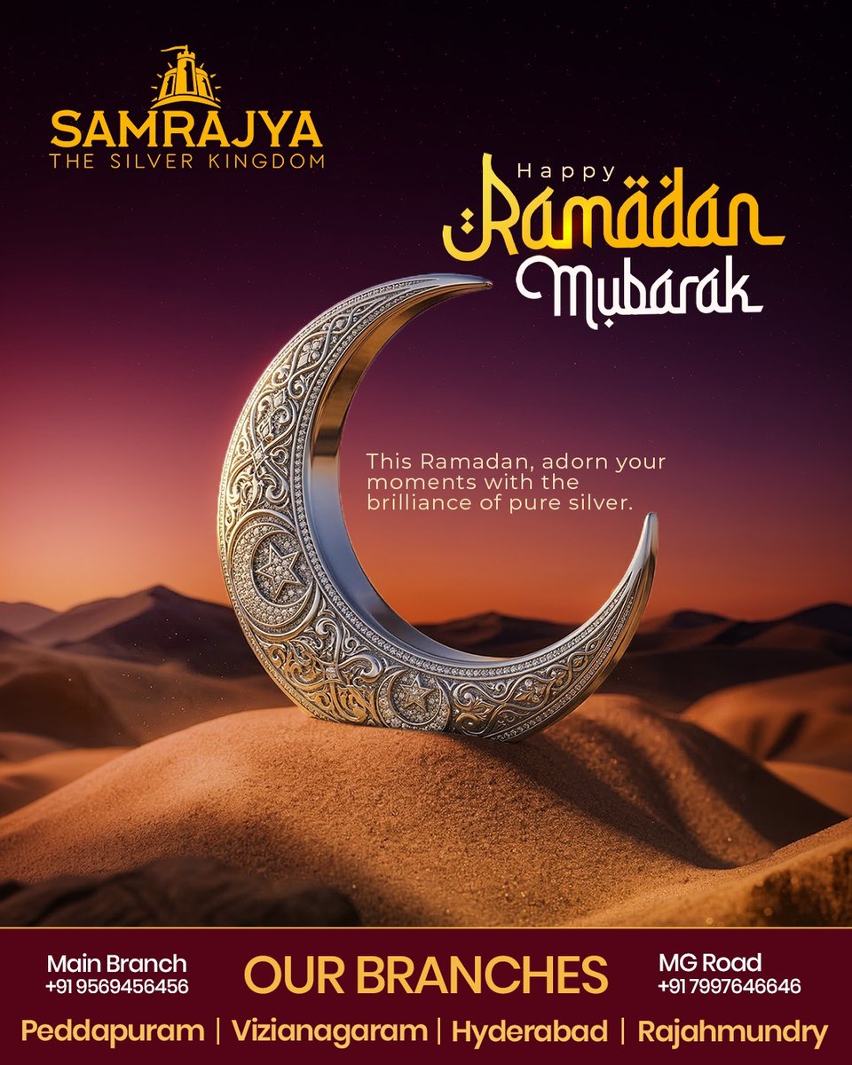 TheSamrajya's tweet photo. Happy Ramadan Mubarak 🌙

This Ramadan, adorn your moments with the brilliance of pure silver.

📞 +91 9569456456 | +91 7997646646

📍 Peddapuram | Vizianagaram | Hyderabad | Rajahmundry

#RamadanMubarak #RamadanKareem #SamrajyaSilver #SilverJewellery #FestiveElegance https://t.co/VjxOLlbcFj