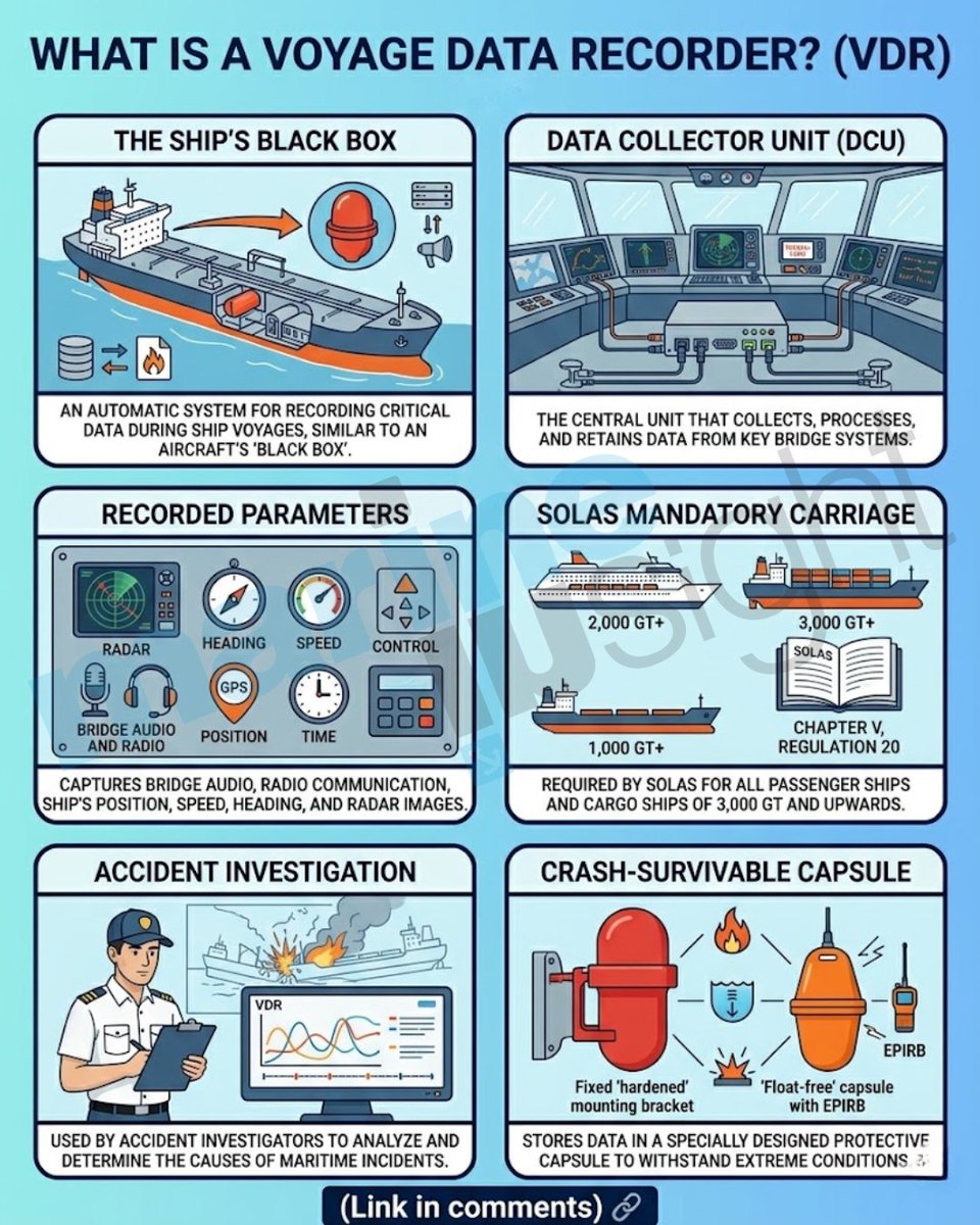 MarineInsight's tweet photo. Lear how maritime incidents are investigated with the Voyage Data Recorder
Mandatory for large vessels, it records audio, radar, and engine data, surviving fire & deep-sea pressure.
check the article 👉 https://t.co/zTOY2zx4m1
#MaritimeSafety #VDR #Seafarers #SafetyAtSea https://t.co/452JXgw1c1