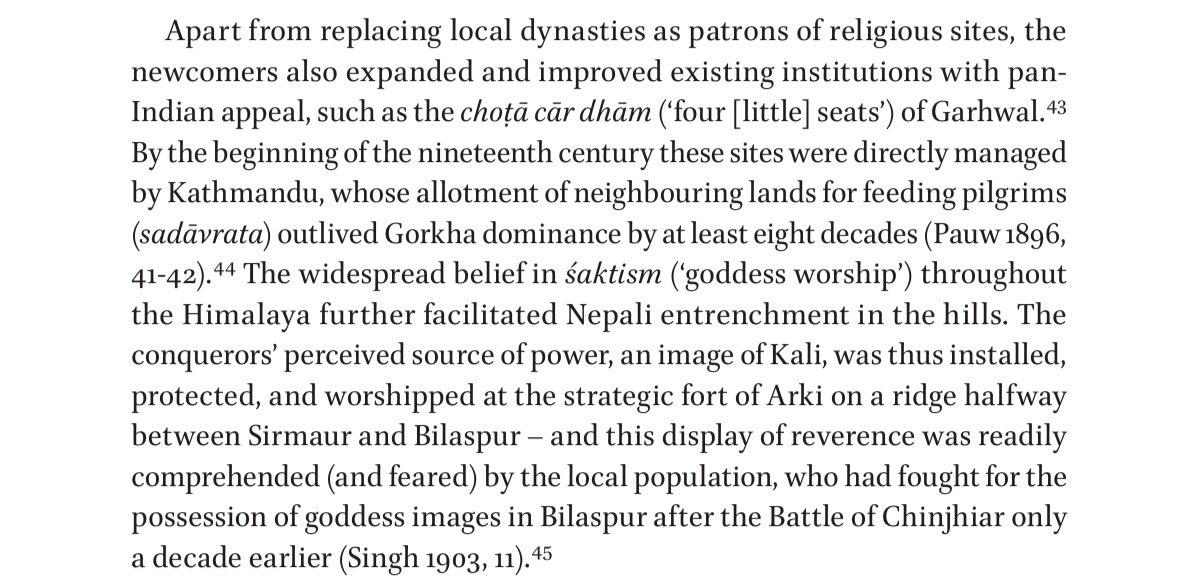 Indrauta_'s tweet photo. The legitimacy of the Gorkha rule in W. Himalayas rested on: upholding caste relations and protection of religious communities, patronage of choṭā cār Dhām and local devotional centres, installation of an image of Kālī and buffalo sacrifices, and Shah’s claim of Rajput descent. https://t.co/hJotowH5HP