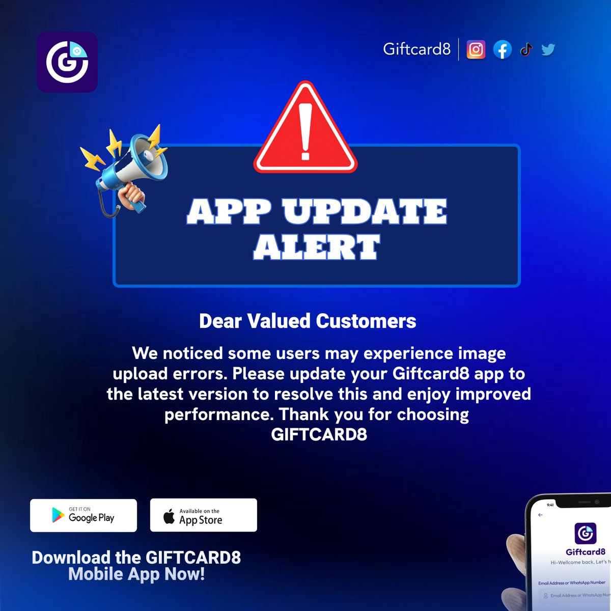 Giftcard_8's tweet photo. We listen. We fix. We improve. 💙

Thanks for sticking with us, keep your app updated and enjoy the difference.

Remember to click the link in Bio to start trading✅️

#Giftcard8 #appupdate #stayupdated https://t.co/gKpFOWhji5