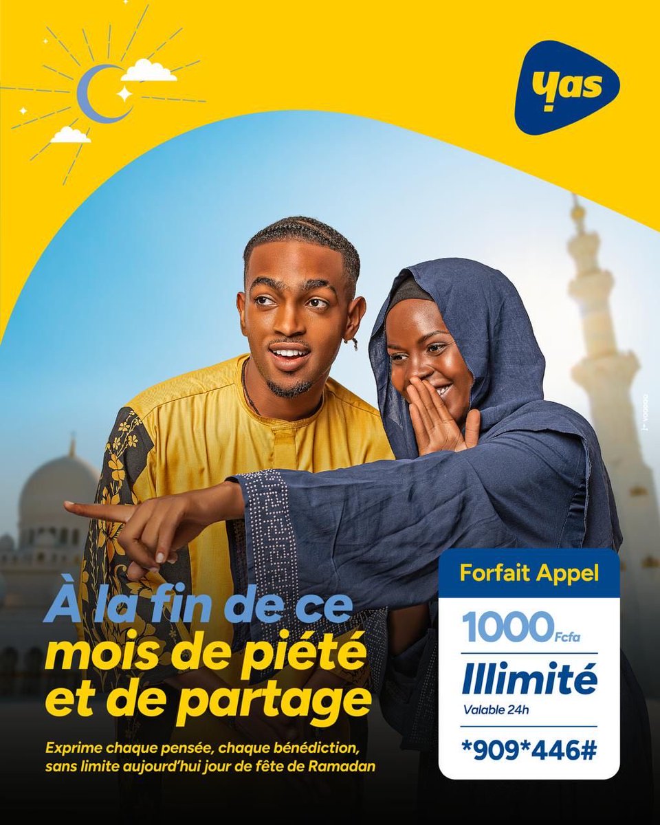 AÏd Mubarak ! 🌙

Demain, appelle et parle sans freins avec tes proches grâce au forfait Lema illimité. 💛📞

Avec ton forfait ALO1000 appels illimités, partage plus que des mots :
des prières, des sourires, des moments précieux. 🕌❤️

#YasTogo #AppelIllimité #BonnefêtedeRamadan