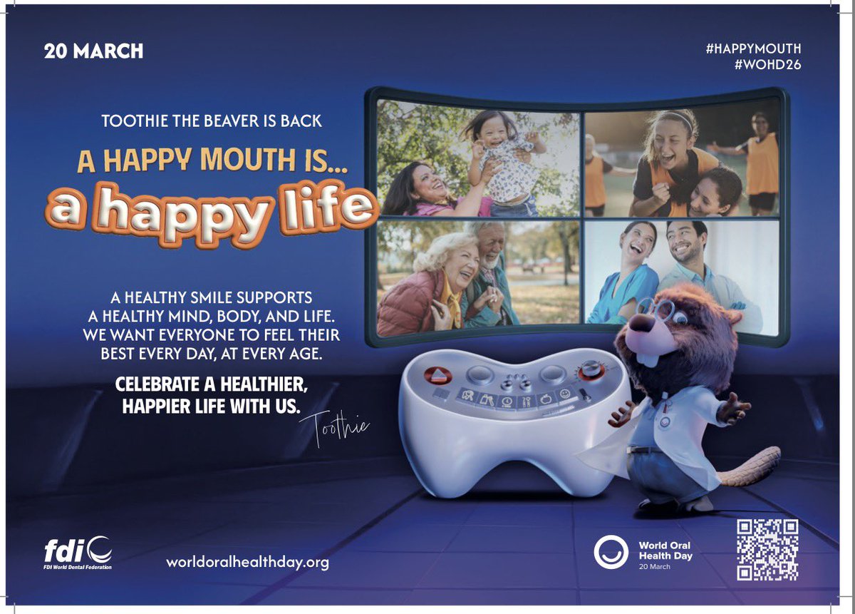 World oral health day 2026 
Brush your teeth and floss twice a day
Visit your dentist regularly- preferably twice a year 
Eat healthy foods 
Drink lots of water and reduce sugar consumption