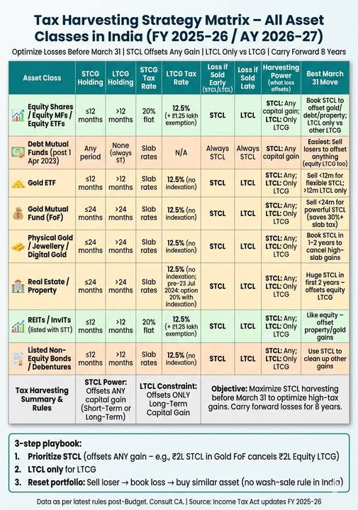 orientalstocks's tweet photo. Tax Harvesting Strategy Matrix - All asset classes.
Data as per Latest rules Post Budget/Better Consult your CA/Source Income tax Updates FY2025-26 https://t.co/nGOm8zsTK9