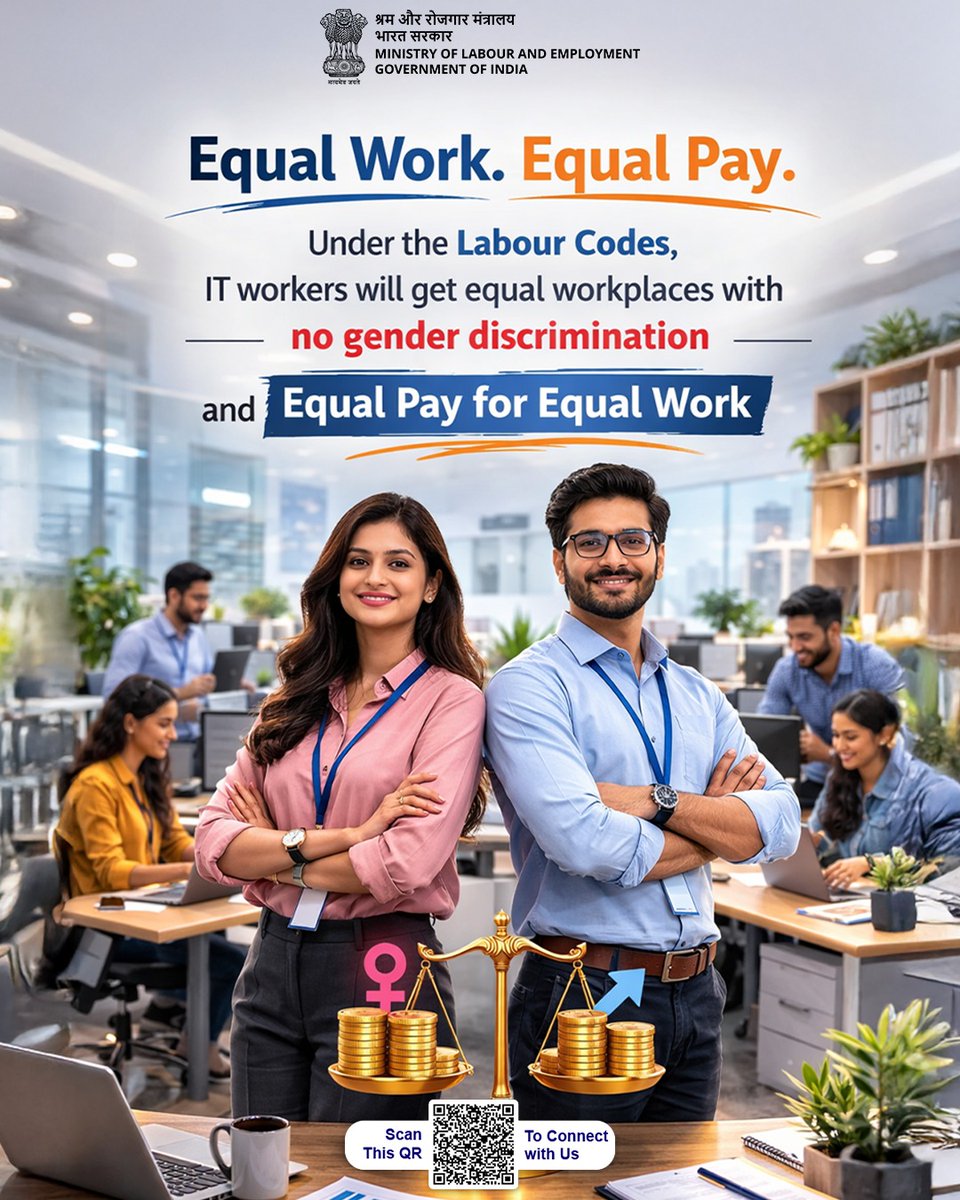 LabourMinistry's tweet image. The Labour Codes ensure no gender discrimination in workplaces.
IT workers now receive equal pay for equal work, promoting a fair and inclusive work environment.

#LabourReforms4NewIndia