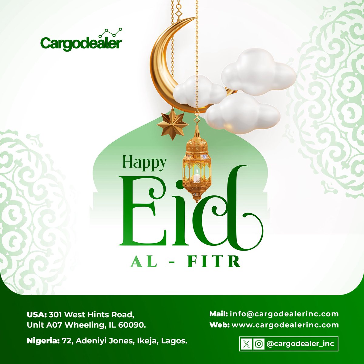 Cargodealer_Inc's tweet photo. Eid Mubarak from all of us at Cargodealer 🌙✨

May this special day bring peace, joy, and countless blessings to you and your loved ones. Thank you for trusting us with your shipments we remain committed to delivering excellence always.

Celebrate, share love, and enjoy every moment. 💚