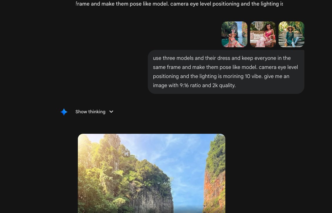 manojkumar_kub's tweet photo. When combining 3 models from different backgrounds, upload the image with your desired background first. 

Gemini uses it as the base. Then add other models. 

For best results, specify pose, camera angle, lighting, aspect ratio, and quality in your prompt. https://t.co/E5ogvdGY9i