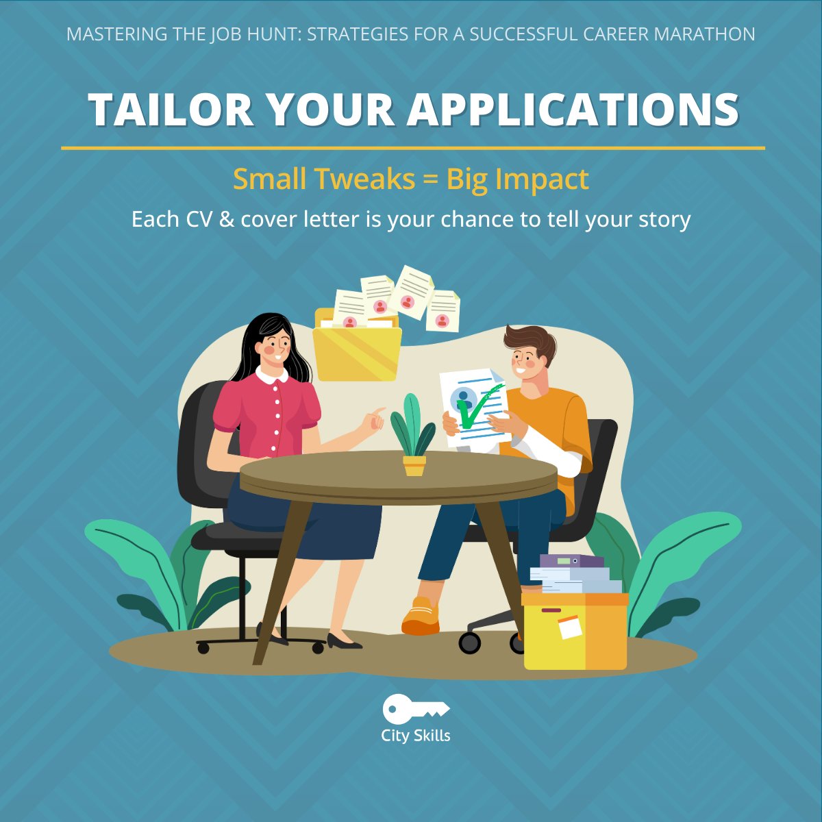 CitySkills_'s tweet photo. Job hunting isn't a sprint, it's a marathon 🏃‍♀️
One tip: Tailor your applications! Each CV and cover letter is your chance to tell your story, even small tweaks can make a big difference!
Want more tips for applications? https://t.co/nH50QRoBfy
#JobHuntingTips https://t.co/BlB1KSy8Mi
