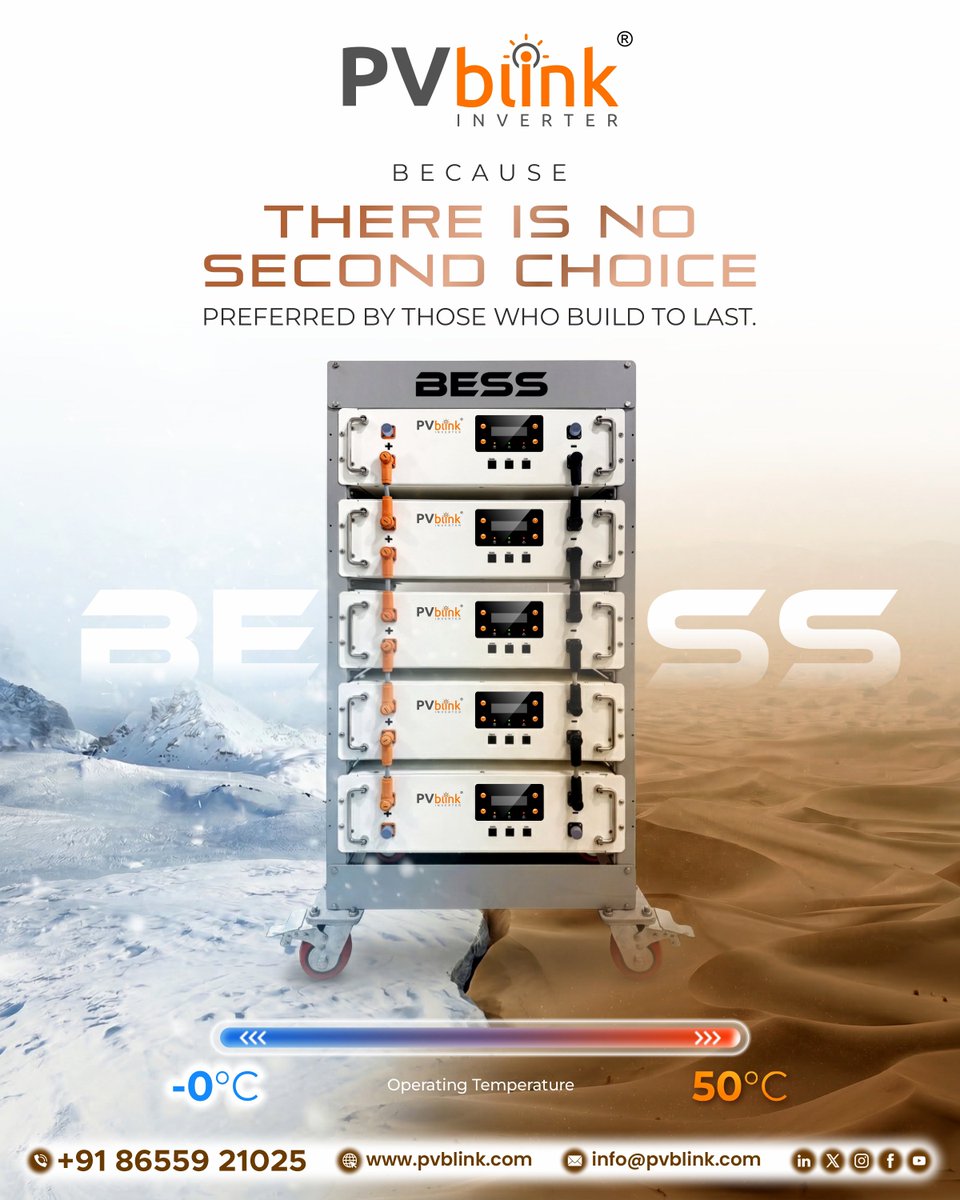 PVblinkInverter's tweet image. Performance that doesn’t compromise - no matter the climate.

#PVblink #BESS is designed to perform in the toughest conditions - from freezing temperatures to extreme heat.

✔ Wide operating temperature range (-0°C to 50°C)
✔ Reliable #energystorage
✔ Consistent performance