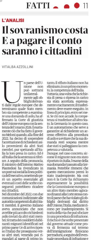 Forse non tutti ricordano che, nel dicembre 2022, il governo Meloni ha dichiarato unilateralmente che non avrebbe più accettato richiedenti asilo provenienti da altri stati membri, pur spettando all’Italia la loro presa in carico.

Ora la Corte di Giustizia Ue ha attestato che