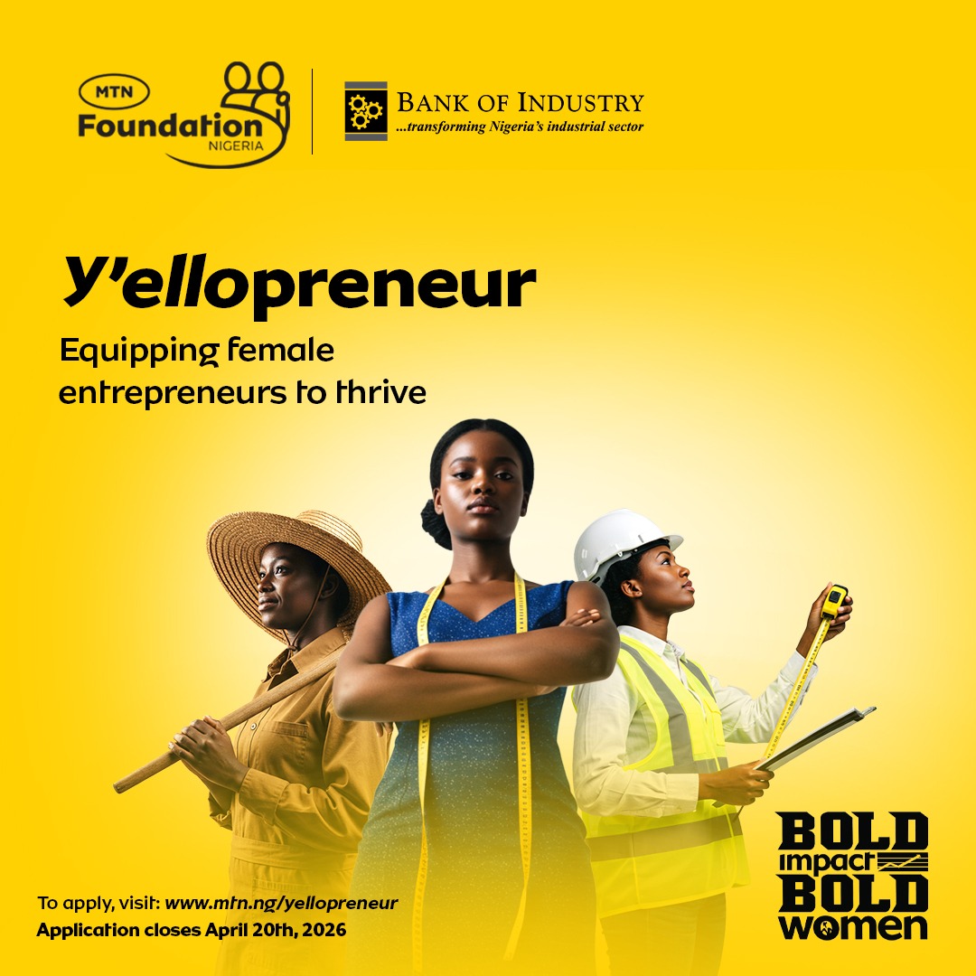 MTNNG's tweet photo. Ready to take your business further?
Register for MTN Y’ellopreneur, an initiative by the MTN Foundation in collaboration with the Bank of Industry, designed to equip female entrepreneurs with the skills and funding opportunities to grow

Register via the website

MTNYellopreneur