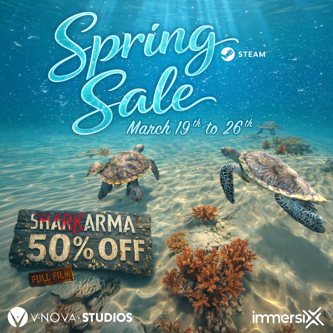Big Sharks come with BIG offers! 
#Sharkarma full movie now available on #SteamVR at 50% off! 
Are you ready for a breathtaking dive? Download ImmersiX now on Steam -store.steampowered.com/app/2771480/Im… 

#SharkarmIn6Dof #VNovaStudios #VNova #ImmersiX
