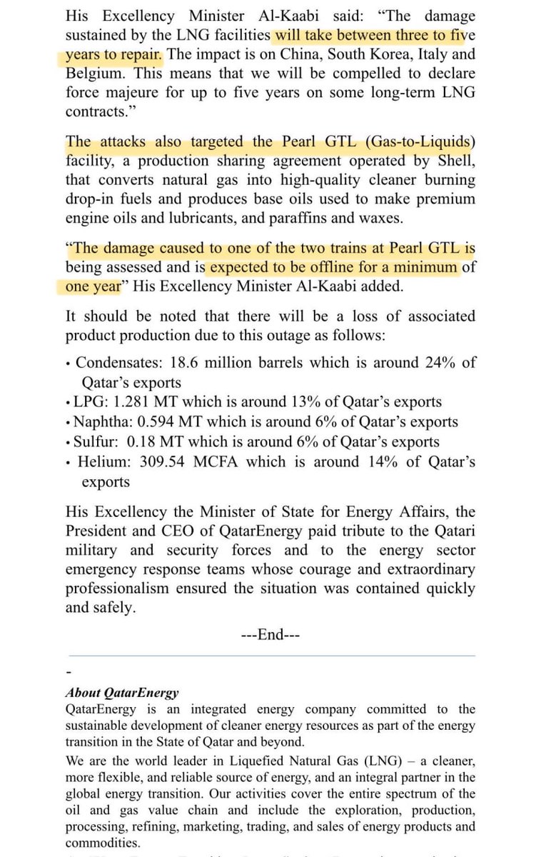 🇶🇦 QatarEnergy confirms major damage to Ras Laffan after missile strikes, cutting LNG export capacity by 17% — worth roughly $20 billion a year.

Repairs could take 3–5 years, with key ExxonMobil-linked facilities hit and parts of the Pearl GTL plant offline. 

Global energy