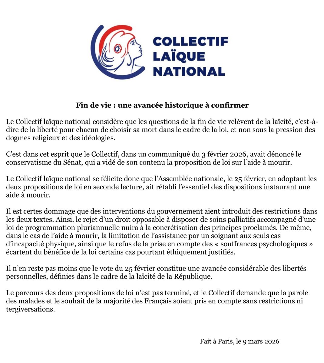 Communiqué du Collectif Laïque National – Fin de vie : une avancée historique à confirmer.
➡️ godf.org/communique-CLN…