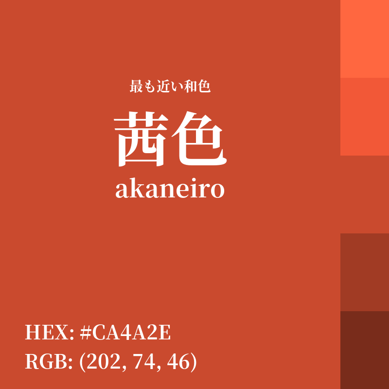 irocode_jp's tweet photo. RGB: (202, 74, 46)
HEX: ＃CA4A2E

🎨 最も近い和色
茜色(akaneiro) - 類似度 91%

💡 この色の心理効果
暖かさと興奮を感じさせる
生存本能を刺激する強さ
自信と勇気を与える

👇配色のアイデアを探す
https://t.co/TWdW5bM7CZ

#茜色 #デザイン #カラーコード https://t.co/ChcLSV5c1R