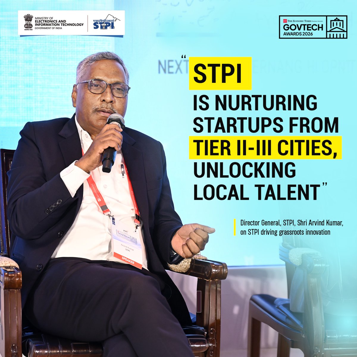 stpiindia's tweet photo. Shri Arvind Kumar (@arvindtw), DG, Software Technology Parks of India (STPI), in conversation with Shri Ranen Banerjee (@ranenb) of @PwC India during the panel discussion on “Reinventing Governance: AI, Data and the Future of Public Service Delivery” at Economic Times GovTech Summit & Awards 2026 highlighted the pivotal role of STPI in fostering inclusive innovation and strengthening AI-led public service delivery across India.

Key Highlights from the Address:

➡️ STPI is actively enabling startups by providing incubation support, market linkages, and facilitating the scaling of innovative solutions. A strong emphasis is placed on nurturing startups from Tier II, Tier III cities, unlocking local talent and driving grassroots innovation.

➡️ STPI is supporting the development of AI-driven solutions tailored for governance and citizen-centric services. Recognising India’s diversity, STPI promotes solutions built on region-specific data, ensuring relevance and effectiveness in public service delivery.

➡️ STPI is empowering startups with the right tools, datasets, and infrastructure to build scalable and impactful products. With centres across cities like Rourkela, Bhagalpur, Darbhanga and Lucknow, STPI is creating a distributed innovation ecosystem.

➡️ Acting as a catalyst, STPI is connecting startups with government needs, enabling deployment-ready solutions for real-world challenges

#STPI #GovTech #AIForAll #DigitalIndia #AIInnovation #StartupEcosystem #InclusiveInnovation #PublicServiceDelivery #DataDrivenGovernance #AIForGovernance #TechForGood #InnovationIndia 

@GoI_MeitY @AshwiniVaishnaw @JitinPrasada @SecretaryMEITY @arvindtw @_DigitalIndia @NeGD_GoI @startupindia @ET_Government @ETNOWlive @abhish18 @UIDAI