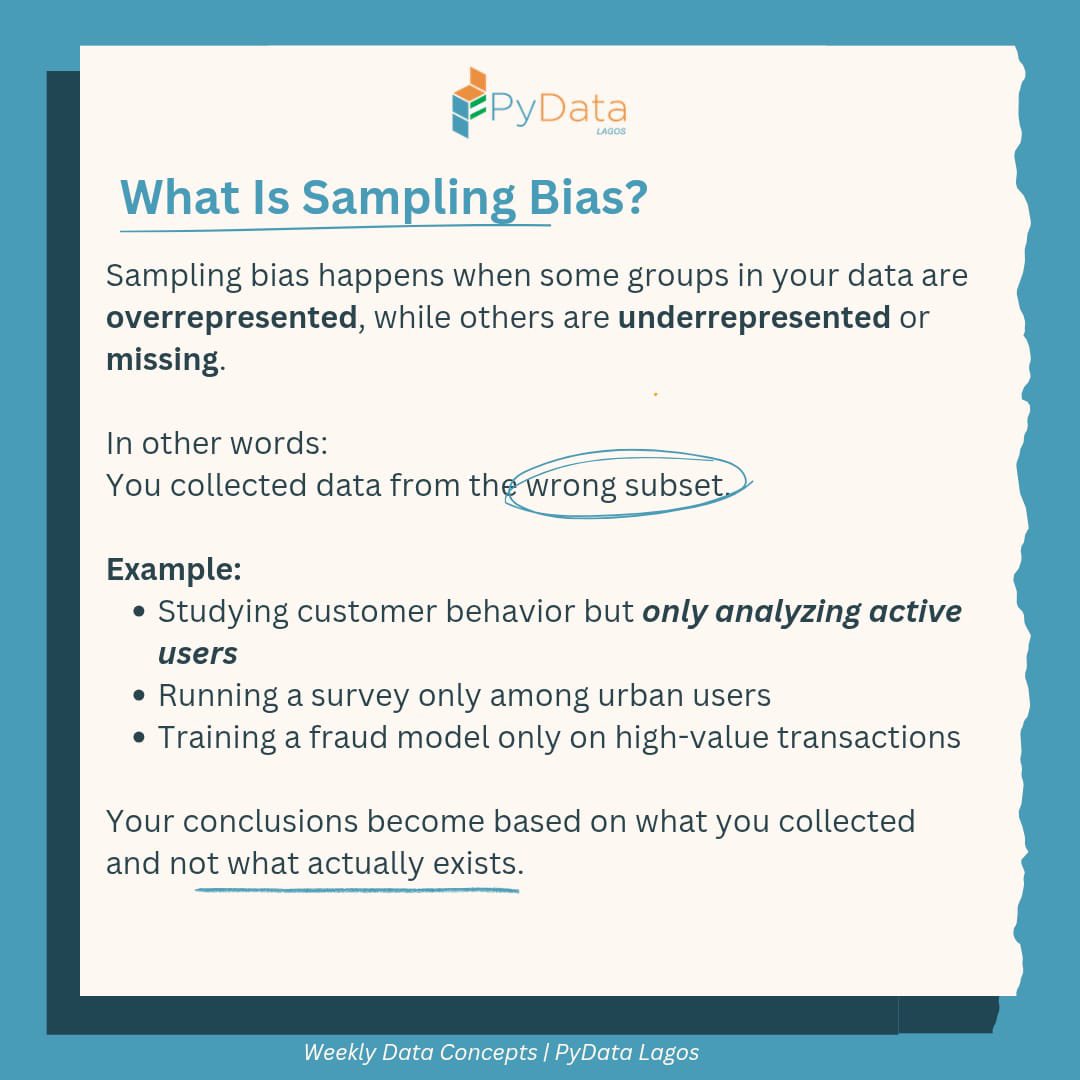 PyDataLagosNG's tweet photo. If you only talk to people who like you, you’ll probably think everyone likes you.

​That is the trap of Sampling Bias. 

​Your model can only be as good as the variety of the data you give it.

​Check out the slide for a few more examples. https://t.co/uuPQmekWwN