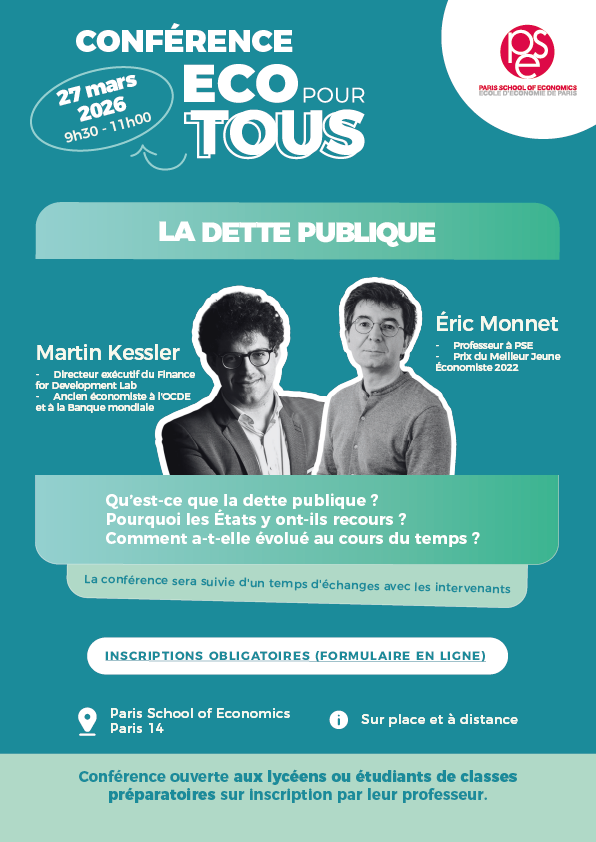 PSEinfo's tweet photo. 📊 Et si on comprenait enfin la dette publique ?

Le 27 mars, PSE organise une conférence #Ecopourtous pour lycéens et étudiants de CPGE avec Éric Monnet et Martin Kessler.

👩‍🎓 Inscription via professeur uniquement

👉 Inscrire votre classe : https://t.co/YVfXn7EAI9 https://t.co/Cgol4NeEbM