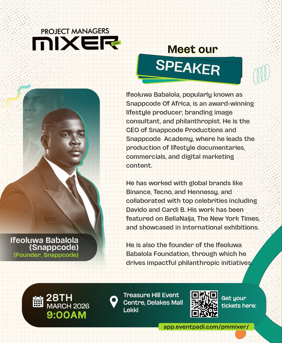 Big energy 🔥

Meet Ifeoluwa Babalola (SnappCode of Africa), worked with Binance, Tecno, Hennessy &amp; stars like Davido, Cardi B.

And he'll be speaking at the Project Managers Mixer.

March 28.

See you there!