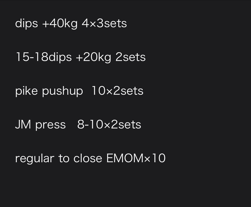 nomen_workout's tweet photo. 【昨日のトレーニング】

今日は筋トレできないけど昨日の

加重ディッ���スをメインで🔥

肩も強化したいのでパイクプッシュも取り入れてます

#自重トレーニング #筋トレ男子
#宅トレ #筋トレ垢 https://t.co/rn2cwUXSoO
