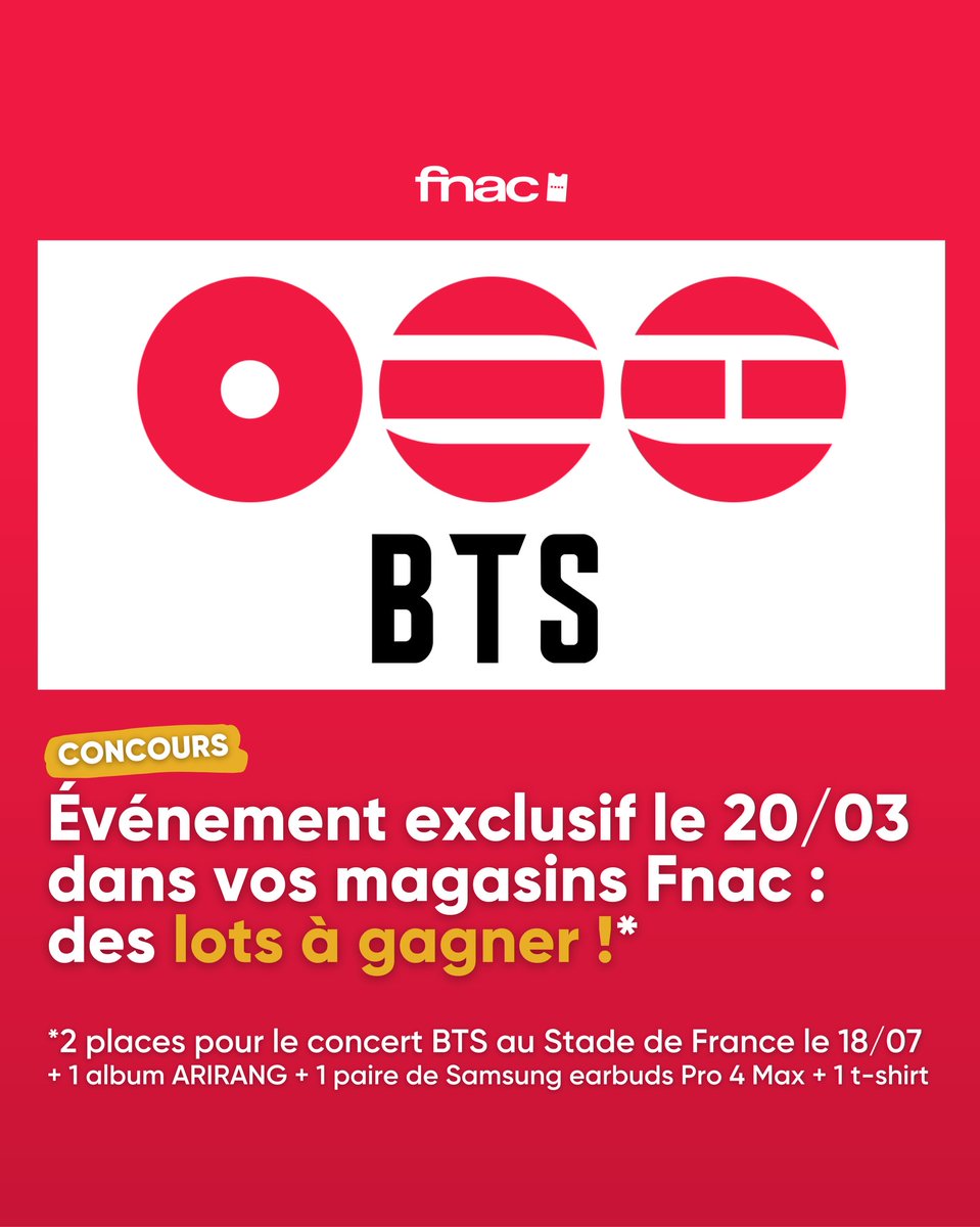 fnacspectacles's tweet photo. 🚨 #BTSXFNAC 💜 | C'est aujourd'hui dans vos magasins Fnac participants ! Des lots exceptionnels sont à gagner. 😏

✨ Mécanique de participation au jeu dispo par ici 👉https://t.co/GOv7XSb7ID

#BTS #FnacSpectacles #Arirang #Fnac https://t.co/zRiPcMFMBY