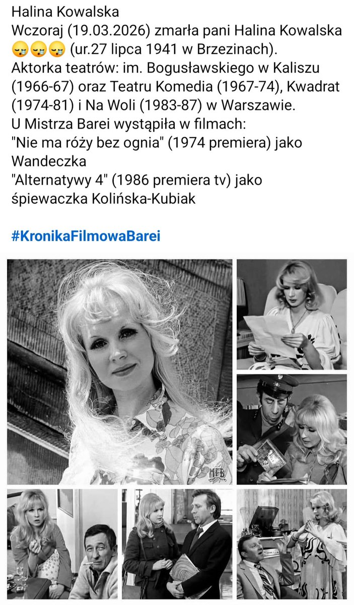 yazembleye's tweet photo. Wczoraj zmarła Halina Kowalska. Aktorka najlepszych filmów sprzed lat... #bareja #filmy @KtoUmarl @Filmweb https://t.co/Dm0lWcSYd9