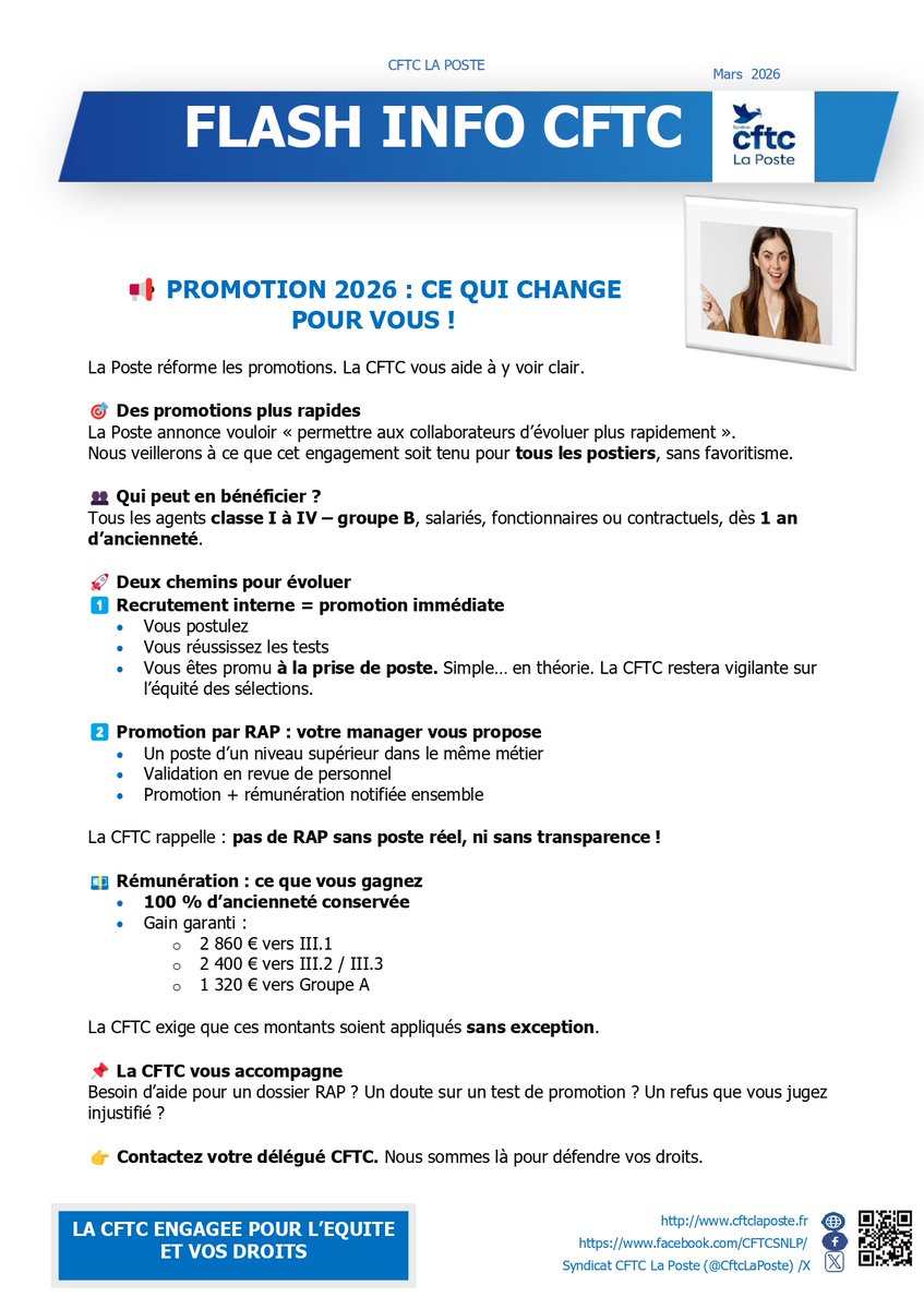 CftcLaPoste's tweet photo. Bonjour,
La Poste fait évoluer ses règles de promotion pour 2026 avec un objectif affiché : accélérer les parcours professionnels.
🤝 La CFTC reste pleinement mobilisée pour garantir vos droits et vous accompagner dans vos démarches.
📩 Besoin d’aide ou d’informations https://t.co/fixlWA8dC8