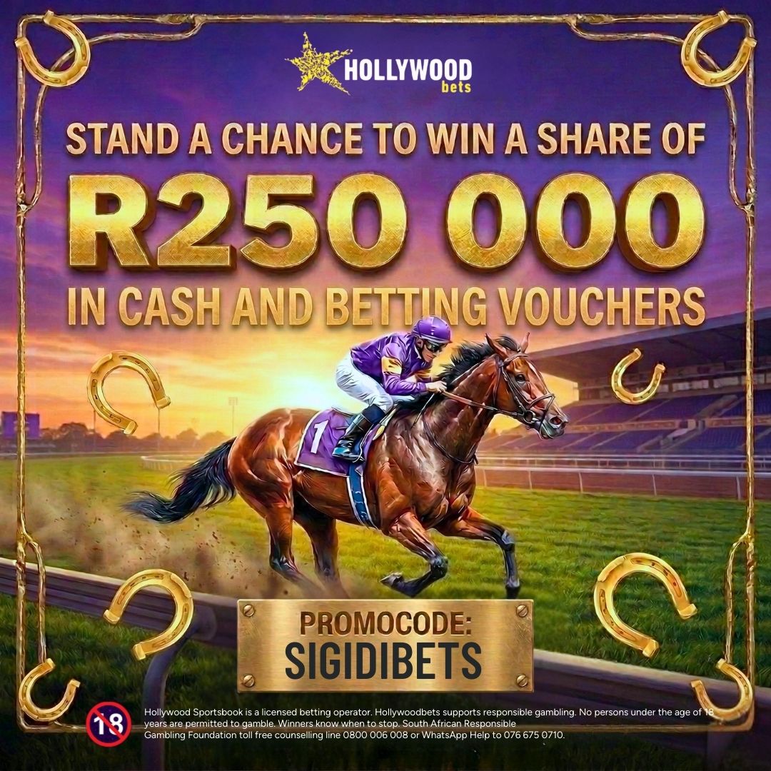 SigidiBets's tweet photo. 🚀💰 Feel the rush of the race & stand a chance to WIN a share of R250 000 in cash & betting vouchers with @Hollywoodbets! 🐎

🎰 Use promo code SIGIDIBETS for the ultimate jackpot vibe! 🎟️💸

Horse Racing Slip coming today 🥳🥳

Open your Hollywoodbets account NOW and get a 𝗥𝟮𝟱 𝗕𝗼𝗻𝘂𝘀 + 𝟱𝟬 𝗙𝗿𝗲𝗲 𝗦𝗽𝗶𝗻𝘀 instantly! 💜

Sign up 👉🏽 https://t.co/f1i97xsKqD 
Ts & Cs Apply 📄 | 18+ 🔞 |