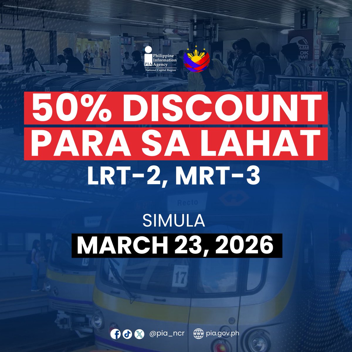PIA_NCR's tweet image. Simula March 23, magbibigay ng 50% discount ang @DOTrPH sa lahat ng pasahero ng @OfficialLRTA at @dotrmrt3 alinsunod sa direktiba ni Pangulong @bongbongmarcos na magbigay ng kaukulang ginhawa sa gitna ng pagtaas ng presyo ng langis.

#LRT2 #MRT3 #FareDiscount