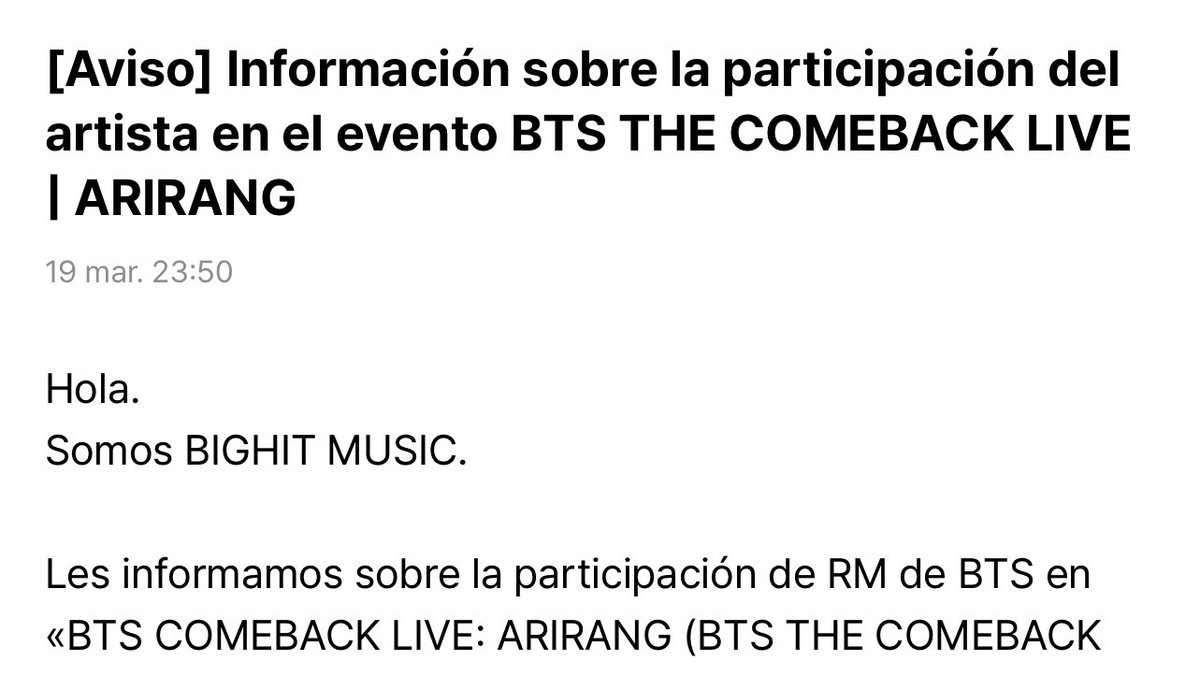 ARMYForce_Peru's tweet photo. — Les informamos sobre la participación de RM de BTS en «BTS COMEBACK LIVE: ARIRANG (BTS THE COMEBACK LIVE ARIRANG)» el próximo 21 de marzo.  El 19 de marzo, durante el ensayo del evento, RM sufrió una lesión en el tobillo y fue trasladado al hospital para recibir un (+) https://t.co/3Wx9KALadi