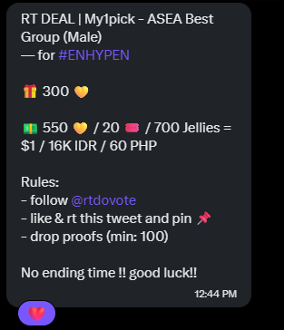 rienhypen's tweet photo. RT DEAL | My1pick - ASEA Best Group (Male) 
— for #ENHYPEN

🎁 300 💛

💵 550 💛 / 20 🎟️ / 700 Jellies = $1 / 16K IDR / 60 PHP

Rules:
- follow @rtdovote
- like &amp; rt this tweet and pin 📌
- drop proofs (min: 100)

No ending time !! good luck!! https://t.co/NPEHNxHhMd