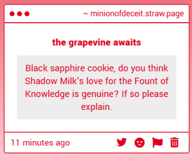 minionofdeceit's tweet photo. I suppose we ought to ask the ones involved. I do love a good interview - @fountcrk and @Smilk_deeznuts, can you confirm anything about this rougish rumor? ~ https://t.co/emaWWFQXl8