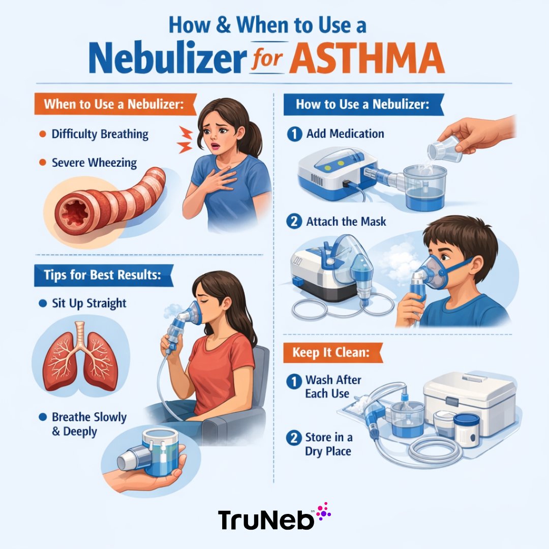 Asthma + nebulizer basics 👇
It can help when an inhaler is hard to use, for some children or during more severe symptoms

Sit upright, breathe slowly through the treatment, then clean the parts.

TruNeb’s portable mesh nebulizer is made for quiet home + travel use.

#Asthma