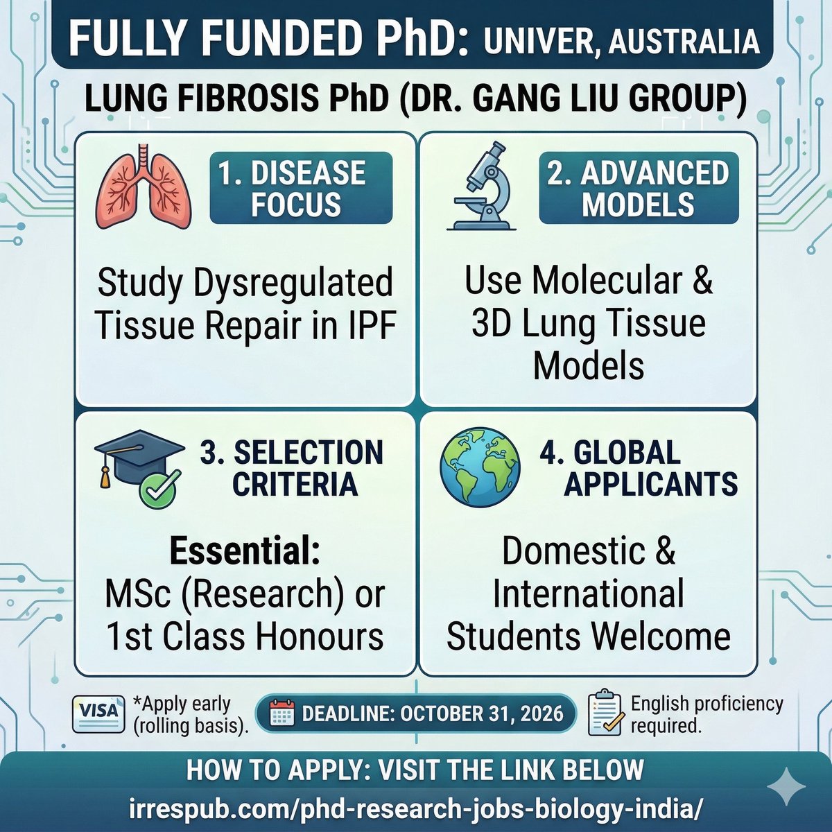 🇦🇺 FULLY FUNDED PhD IN AUSTRALIA! 🦘

Join Dr. Gang Liu’s group at UTS (Sydney) to uncover new treatments for Lung Fibrosis (IPF).

🌍 Open to: Domestic &amp; International students!
Apply details: 👇 irrespub.com/phd-research-j…
#PhDJobs #StudyInAustralia #AcademicTwitter #ScienceJobs