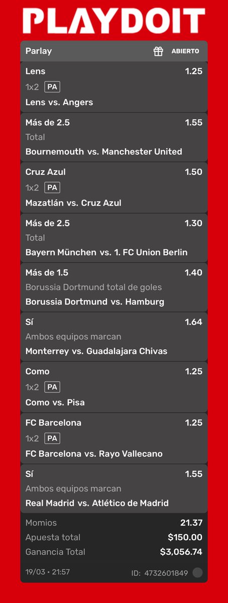 Parlay del finde 🫡

🍀Si se gana🍀 van 500 pesos entre los que den like y rt 😜

playdoit.mx/?shareCode=HHT…