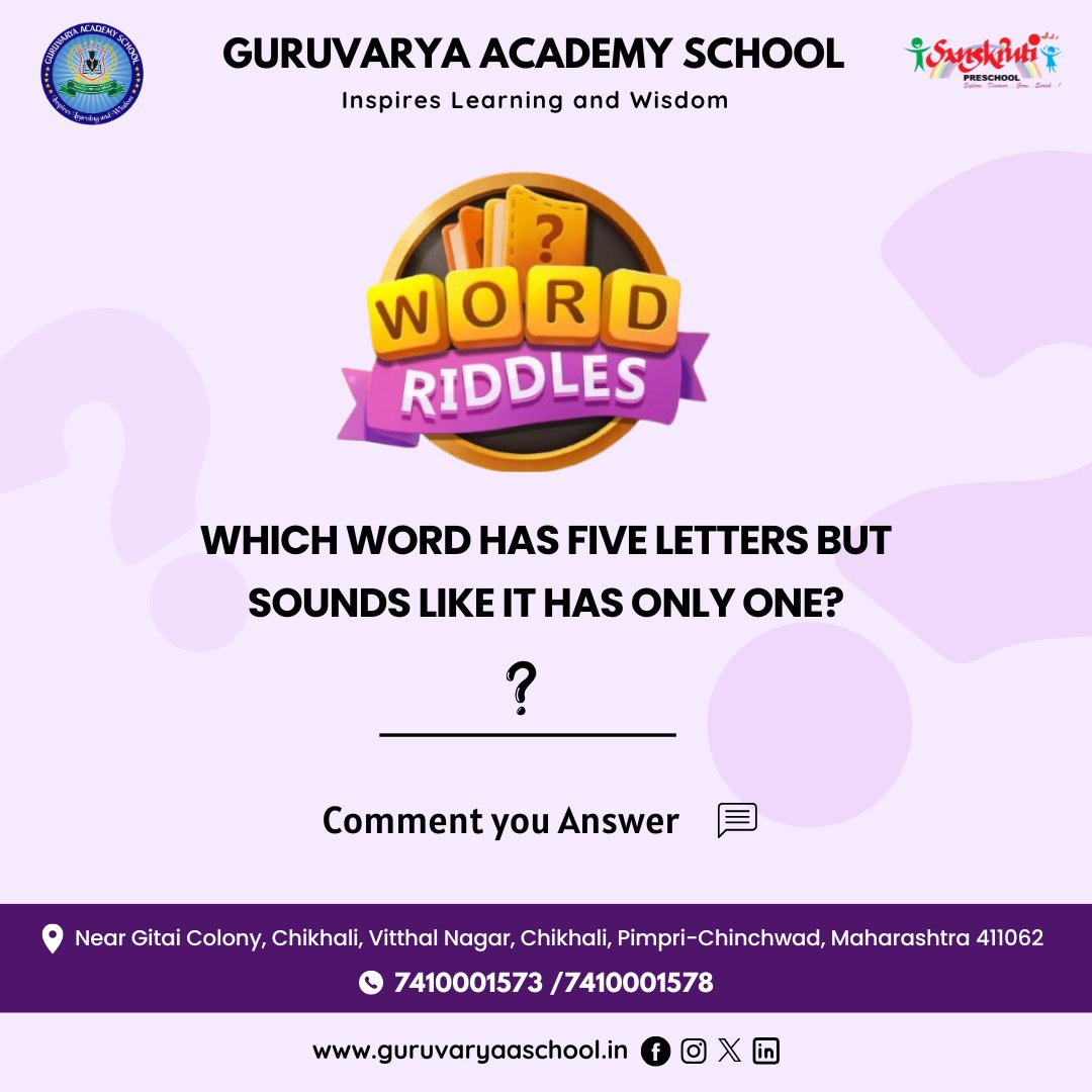 🧩 Word Riddle! 🤔

Which word has five letters but sounds like it has only one?

Think smart and drop your answer below! 👇

#WordRiddle #BrainTeaser #FunWithWords #RiddleTime #ThinkSmart #PuzzleFun #MindGames #EnglishFun #LearningIsFun #GuessTheAnswer