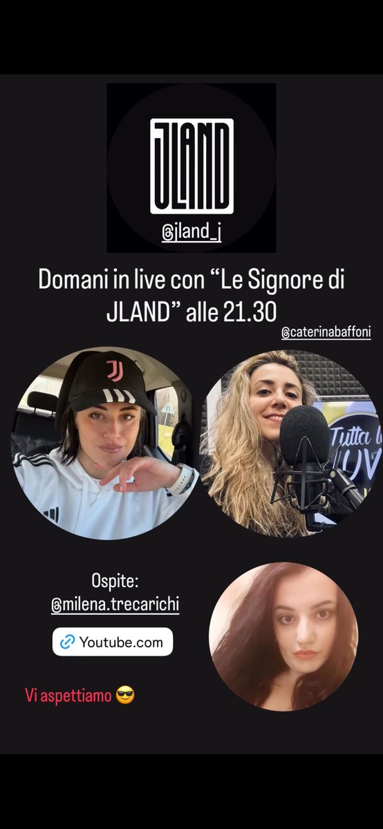 Ciao ragaz, ci vediamo questa sera alle ore 21:30 su @jland_j  per parlere della Women, Next Gen e del mondo <a href="/juventus/">JuventusMD</a> ! Qui il link della diretta:  m.youtube.com/@JlandTV  
😎 ⚽️