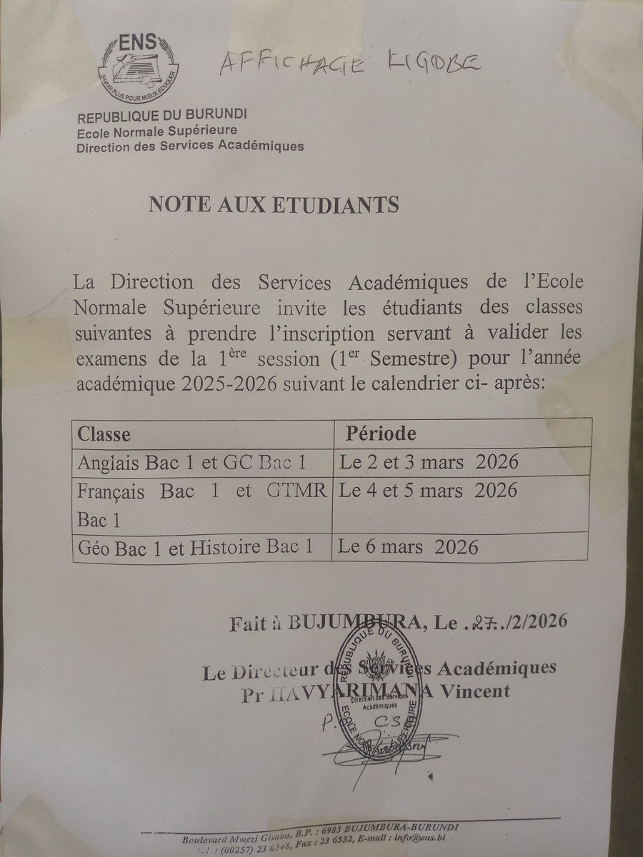 La Direction des Services Académiques invite les étudiants de Bac 1 des sections Histoire, Anglais, Français,  Biologie Chimie, Géographie, GTMR à passer au bureau des inscriptions pour valider les examens de la première session (premier semestre) du 02 au 06 février 2026.