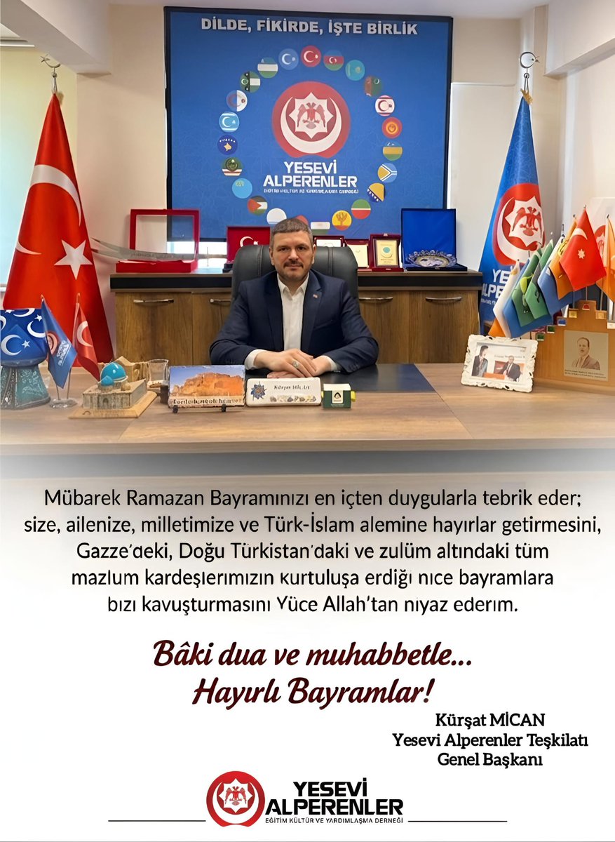 YeseviAlpDer's tweet image. Mübarek #Ramazan Bayramınızı en içten duygularla tebrik eder; size, ailenize ve Türk-İslam alemine hayırlar getirmesini, Gazze’deki, Doğu Türkistan’daki ve zulüm altındaki tüm mazlum kardeşlerimizin kurtuluşa erdiği nice bayramlara bizi kavuşturmasını Yüce Allah’tan niyaz ederiz.