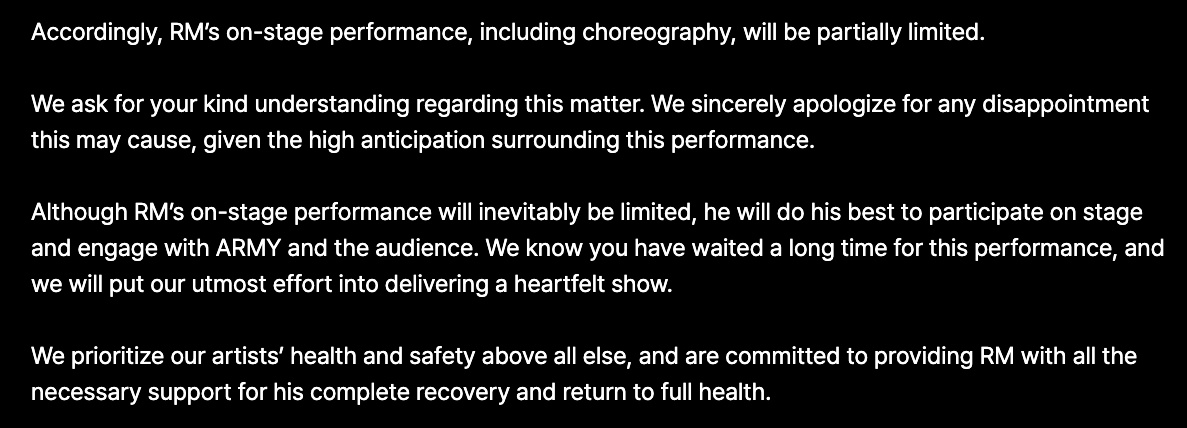"A pesar de las limitaciones en las presentaciones, RM participará en el escenario en la medida de lo posible para compartir este momento con ARMY y todo el público."

NAMJOON SE LESIONO PERO AUN ASI ESTARÁ PRESENTANDOSE EN EL ESCENARIO PARA ARMY 😭