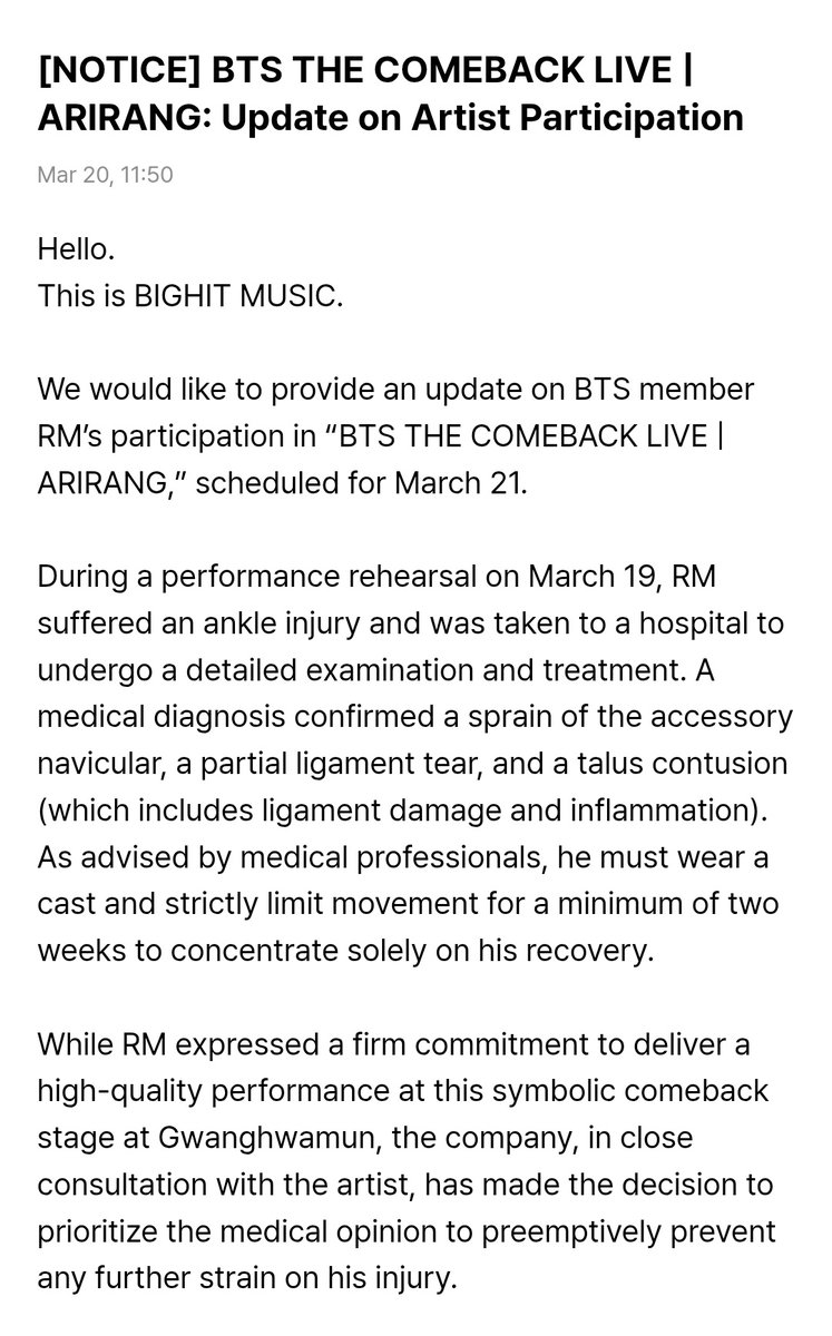laviedenoona's tweet photo. Intinya BigHit kasih kabar kalo selama latihan Namjoon mengalami cedera. Medis menganjurkan untuk mengenakan gips dan membatasi gerakan secara ketat selama minimal 2 minggu untuk berkonsentrasi sepenuhnya pada pemulihan.

Lekas sembuh Namjoon 😭😭😭 https://t.co/EfOLVX9Ook