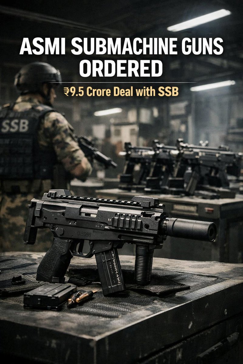 IndianDefenceT's tweet photo. Lokesh Machines has secured a ₹9.5 crore order from the SSB to supply indigenous ASMI submachine guns, strengthening India’s push for self-reliance in small arms manufacturing.

#IndiaDefence #MakeInIndia #DefenceIndustry #ASMI #SubmachineGun #SSB #AtmanirbharBharat #SmallArms #DefenceProduction #IndianArmy #MilitaryModernization #DefenceNews
 #aigenerated