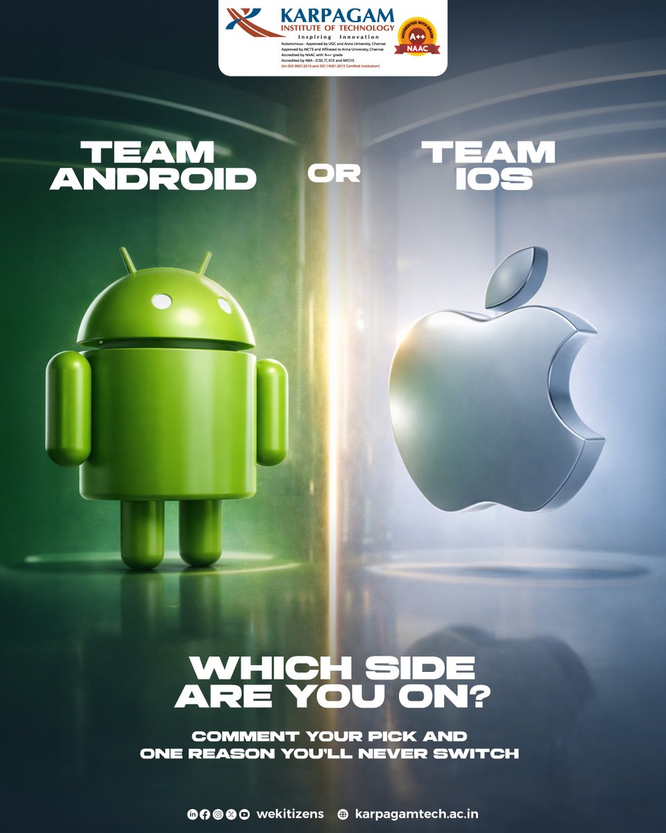 wekitizens's tweet photo. Team Android or Team iOS, where do you stand?
It’s more than just a phone, it’s your style, your preferences & your everyday experience.
Comment your pick & tell us the one reason you’ll never switch
#AndroidVsIOS #TeamAndroid #TeamiOS #SmartphoneDebate #MobileLifestyle #KIT https://t.co/DYlF0d9dVk
