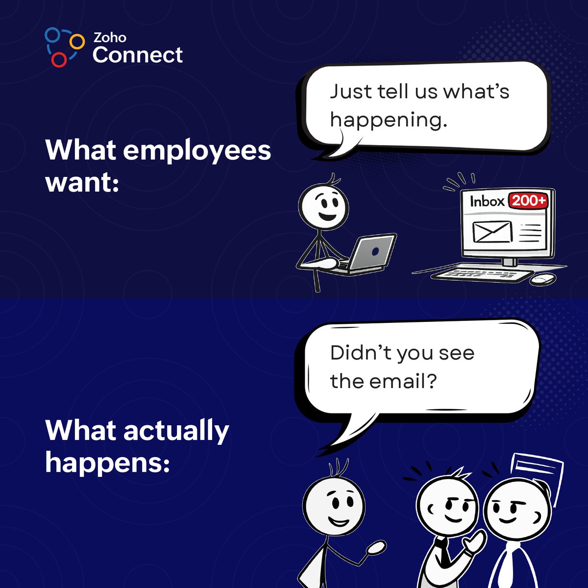 zohoconnect's tweet image. 1/2 Ever noticed how workplace communication sounds clear, structured, and aligned in theory… but feels completely different in reality? 🤔
Somewhere between “message sent” and “message received,” things tend to get lost, diluted, or misunderstood.

#Intranet #ZohoConnect