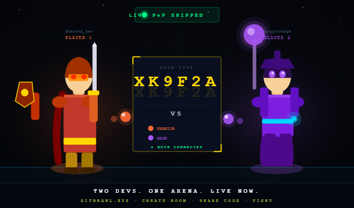 GitBrawl_'s tweet photo. We've just launched the PvP beta on GitBrawl.

Two developers. Two GitHub repositories. 

One arena. 

Real stats. Real battles. 

Create a room. Share the code. Fight. ⚔️

$GBRAWL https://t.co/vR8t8P96wj