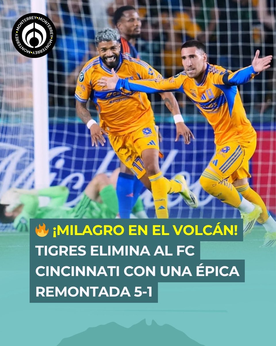 Formula_Mty's tweet image. 🔥🐯 ¡MILAGRO EN EL VOLCÁN!

Tigres firmó una noche histórica en la Concachampions: goleó 5-1 al FC Cincinnati y le dio la vuelta a la serie para avanzar a cuartos de final. 💥

El equipo felino llegaba contra las cuerdas tras el 0-3 en la ida, pero respondió con carácter,