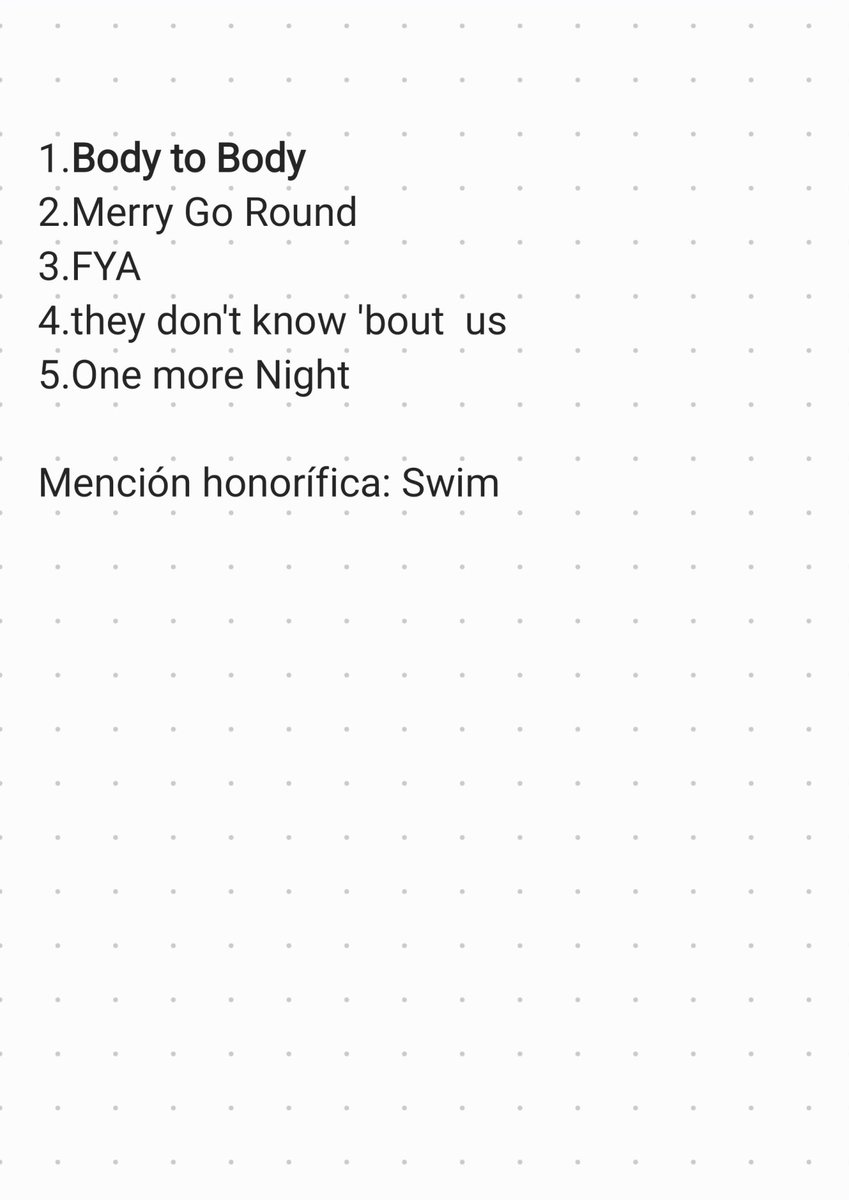 SaSa_Jul's tweet photo. #BTS_ARIRANG
Por ahora este es mi top 5, el único que puse sin dudar es el primero y debo decir que SWIM no es mi favorita pero el MV me hizo llorar así que le suma muchos puntos. 
#BTS https://t.co/x297jDd5Jl